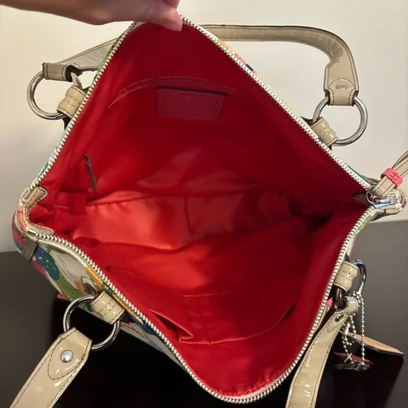 Coach Poppy Colorful Signature Canvas Hallie East/West Taupe Patent Leather Tote - Picture 13 of 14